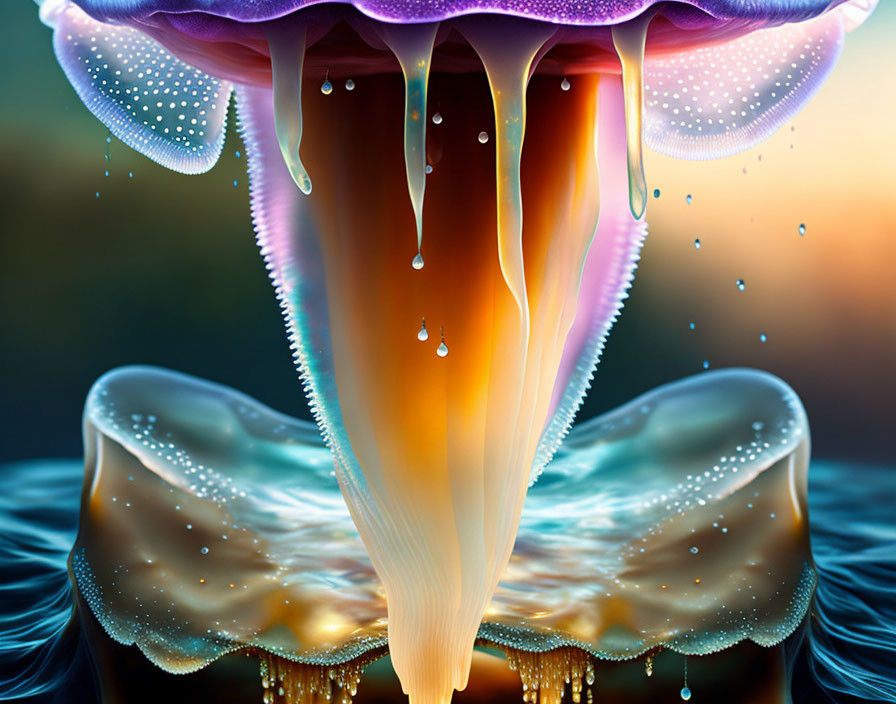 Surreal digital artwork: Glowing jellyfish-like structure with droplets.