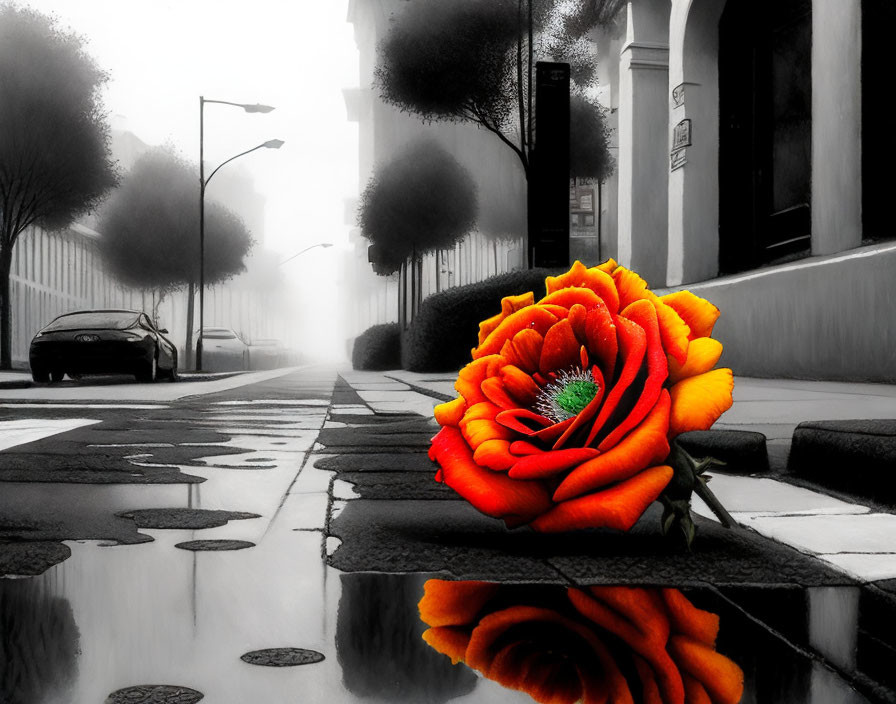 Vivid orange flower on monochrome street scene with reflective puddle