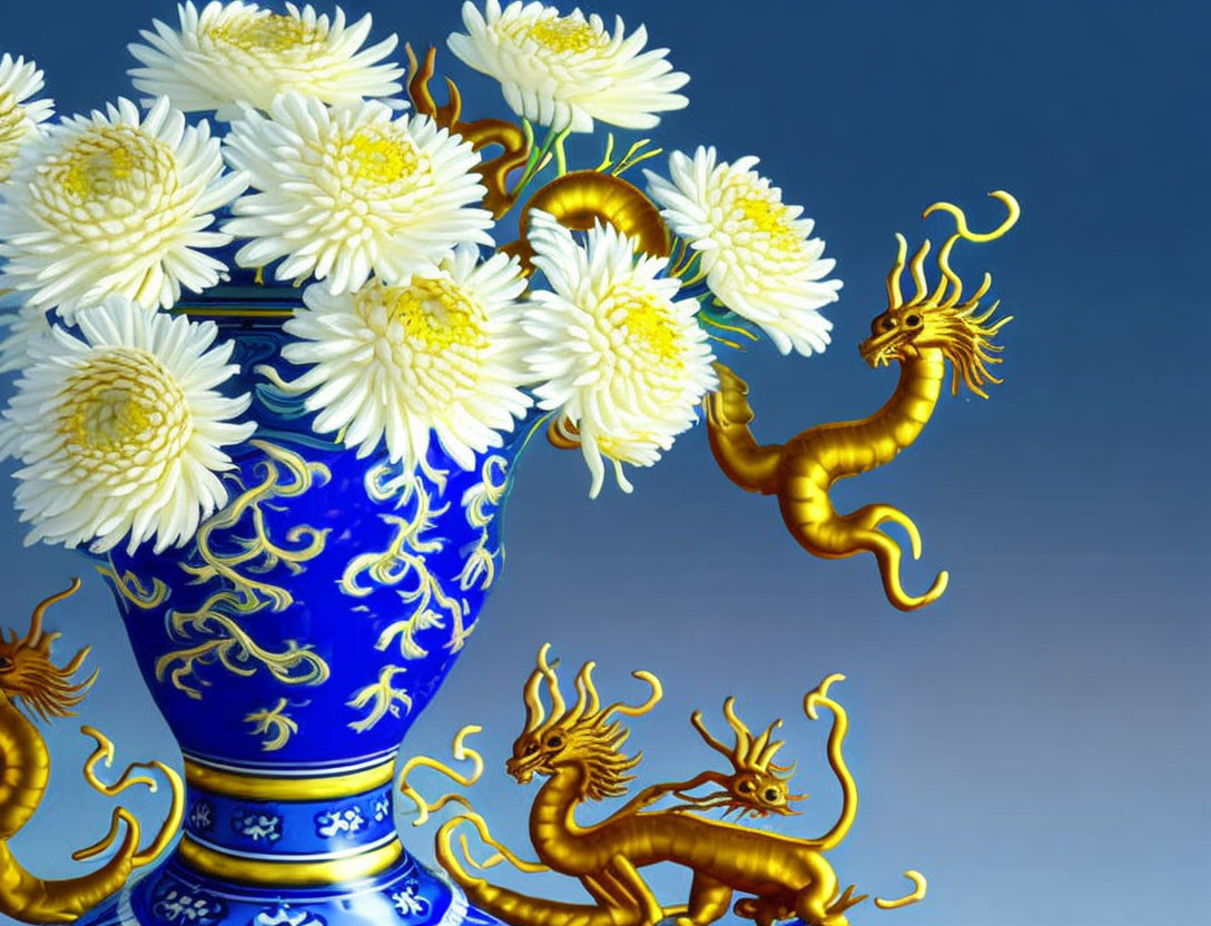 Colorful 3D artwork: Blue vase, gold patterns, white flowers, animated golden dragons on