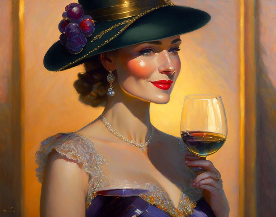 Vintage attire woman with grape-adorned hat holding wine glass in warm light