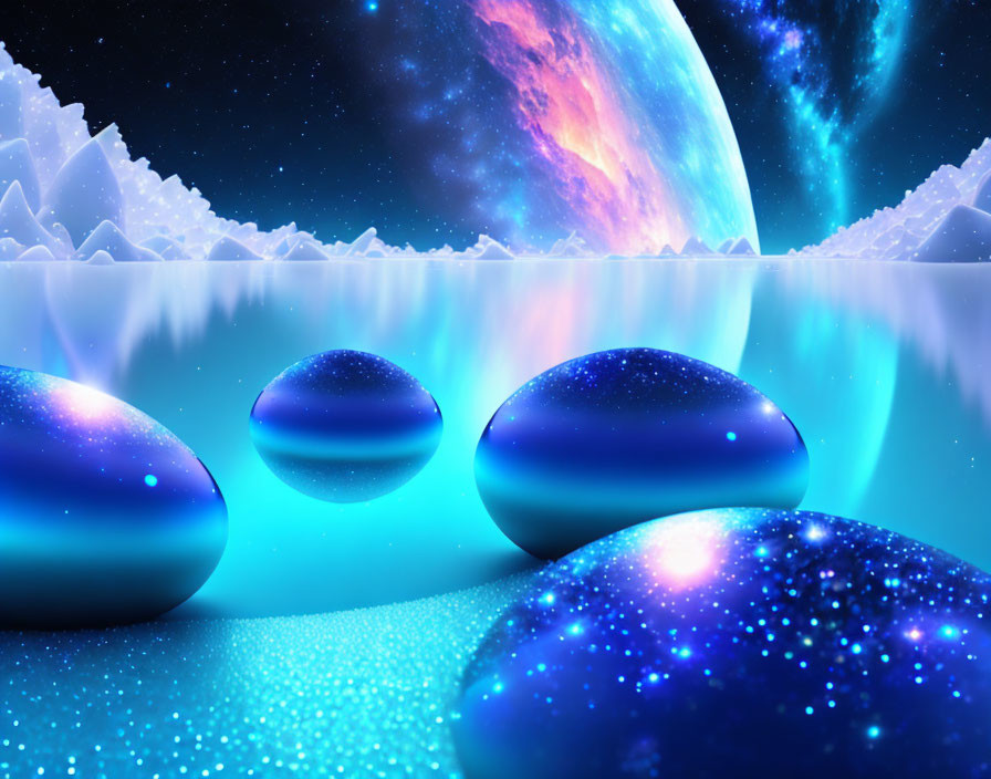 Fantastical landscape with glowing blue cosmic stones and oversized planet.