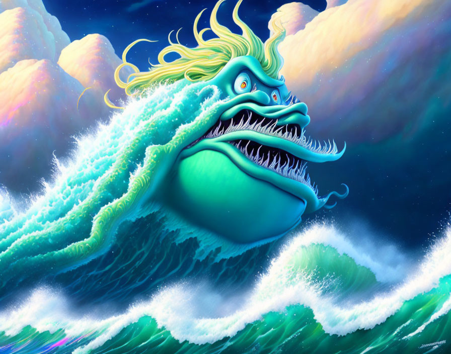 Mythic wave-like creature with sharp teeth and intense eyes in ocean under dynamic sky