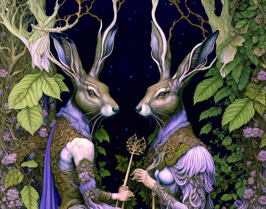 Anthropomorphic rabbits in ornate attire with starry night backdrop and golden geometric object.