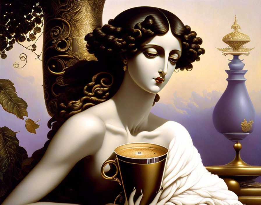 Classical Portrait of Woman with Curly Dark Hair and Golden Cup