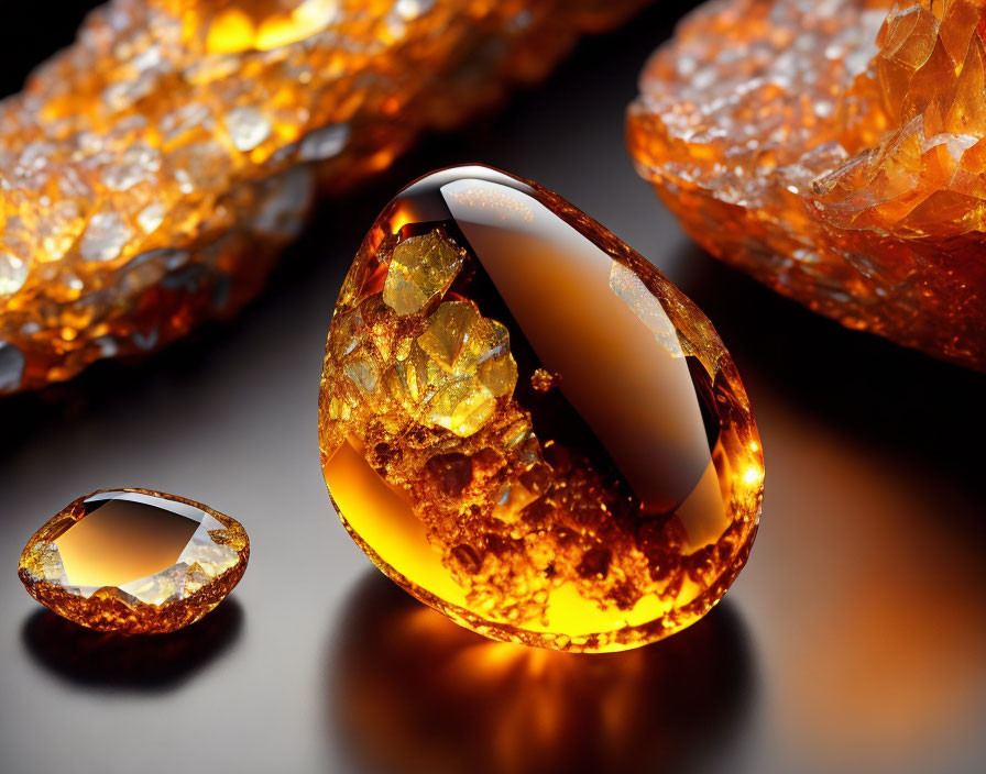 Amber gemstones with inclusions on dark reflective surface