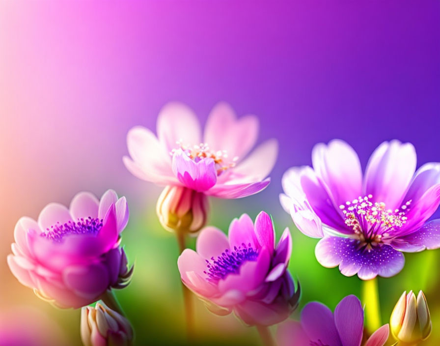 Colorful pink and purple flowers on gradient background.