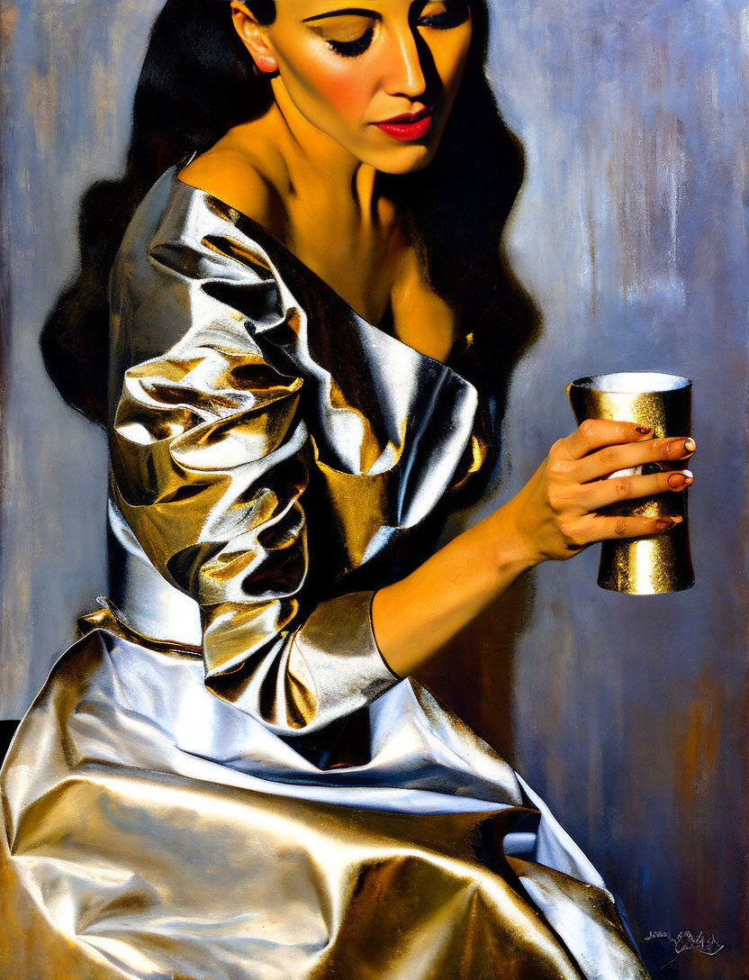 Portrait of woman in silver dress with golden cup and thoughtful expression