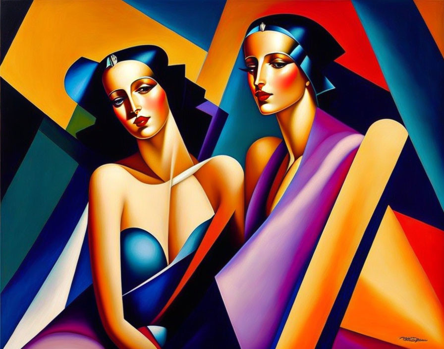 Stylized female figures in vibrant attire against abstract background