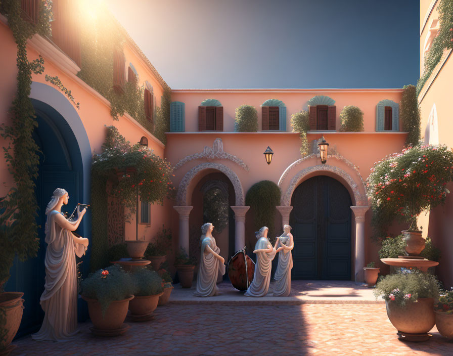 Classical courtyard with statues, flowering plants, large doors, warm sunlight