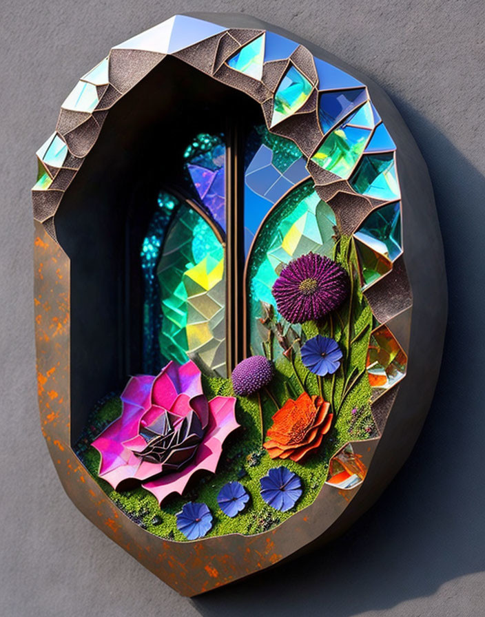 Colorful 3D artwork with geometric shapes, flowers, and crystals in oval portal on gray background