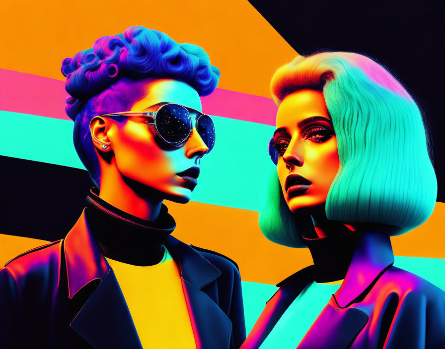 Stylized figures with vibrant blue hair and sunglasses on multicolored background