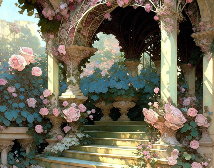 Ornate Gazebo with Pink Roses and Stone Stairs