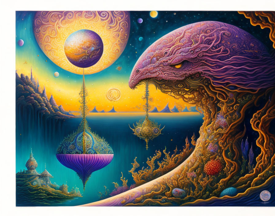 Surreal alien landscape with vibrant colors and tentacled creature