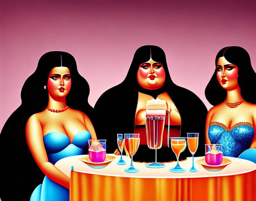 Illustration of three women with drinks on table in front of magenta background