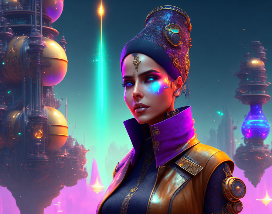 Futuristic woman with blue headpiece and high-collar jacket in neon-lit sci-fi setting