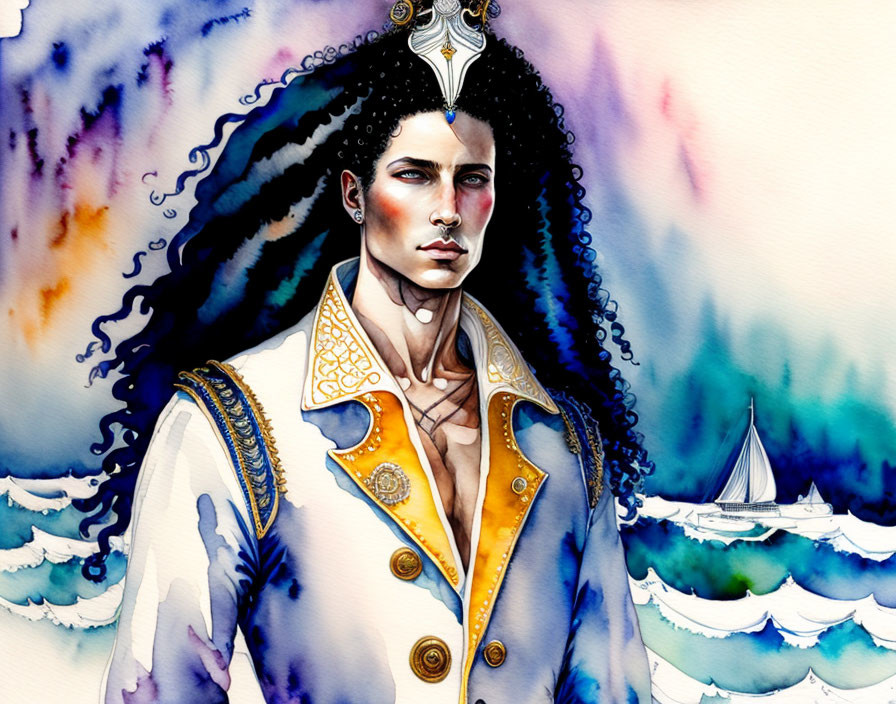 Illustration of person with curly hair in decorated vest with nautical background.