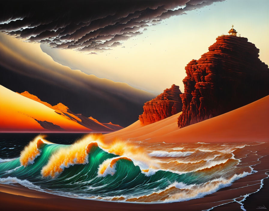 Surreal painting: desert, waves, dark sky, mountains, lighthouse