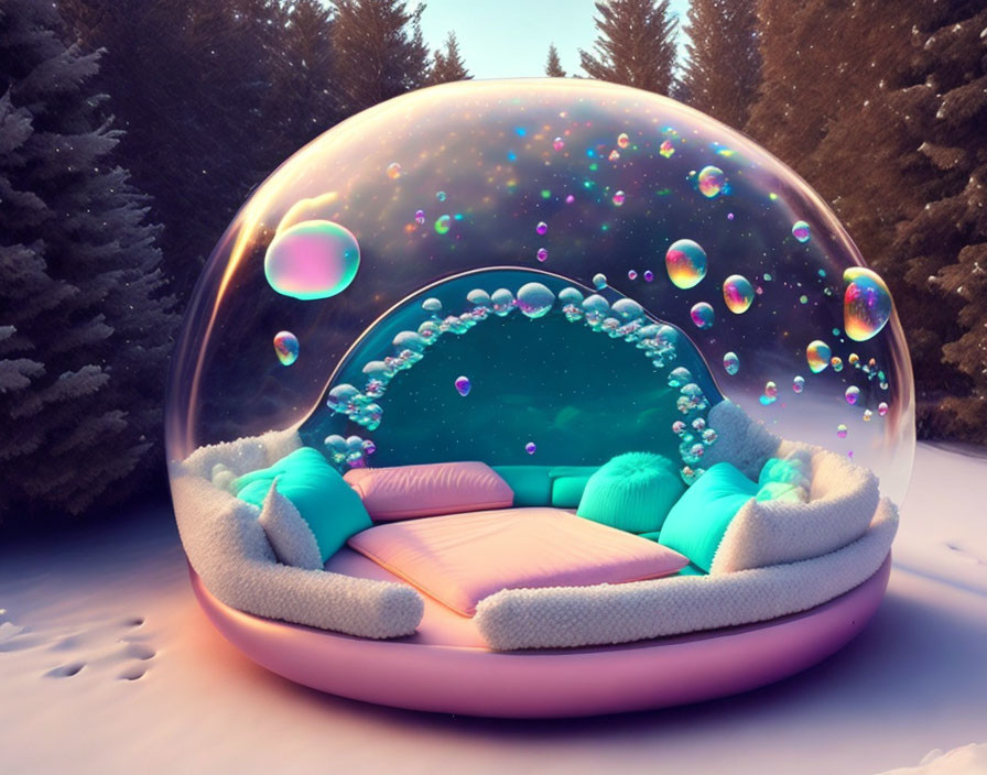 Transparent Bubble Chair with Cushions in Snowy Landscape