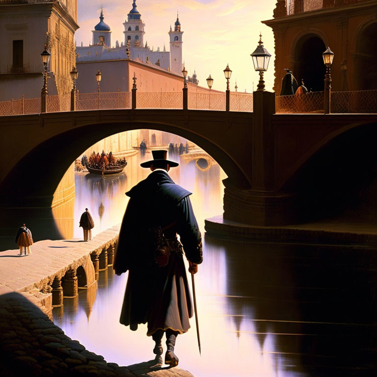 Figure in cape near river with arched bridge at dusk