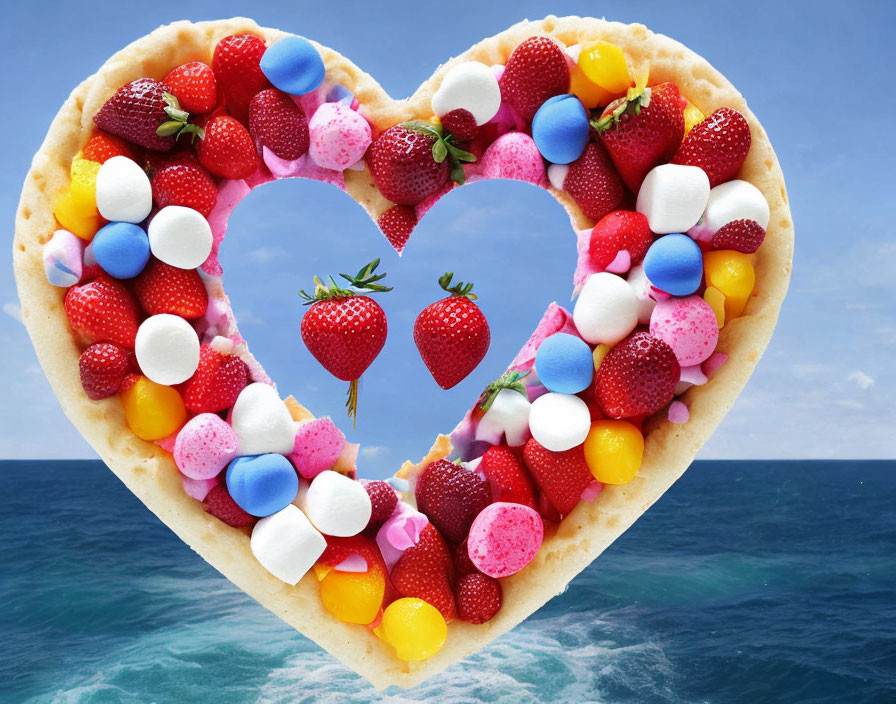 Colorful Candy and Strawberry Dessert Pizza on Blue Ocean Background