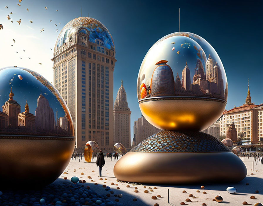 Surreal urban scene with glossy reflective orbs showing inverted cityscapes