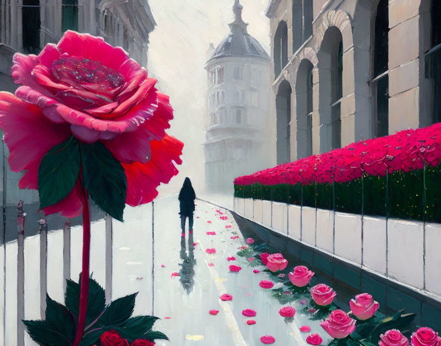 Person walking on rain-slicked path with pink roses and misty classical architecture