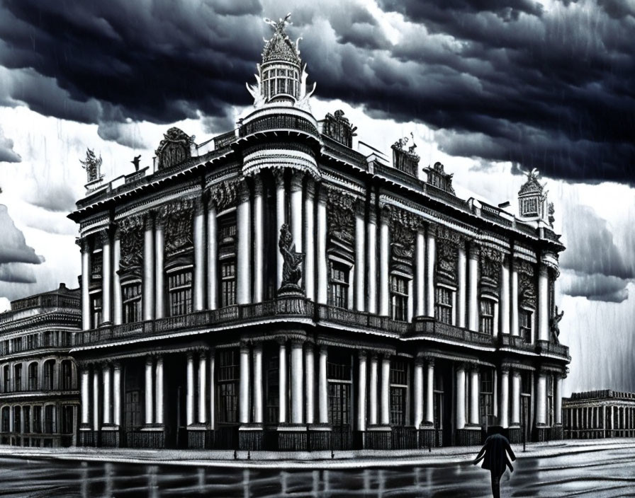 Monochrome artwork: Neoclassical building, cloudy sky, solitary figure with umbrella