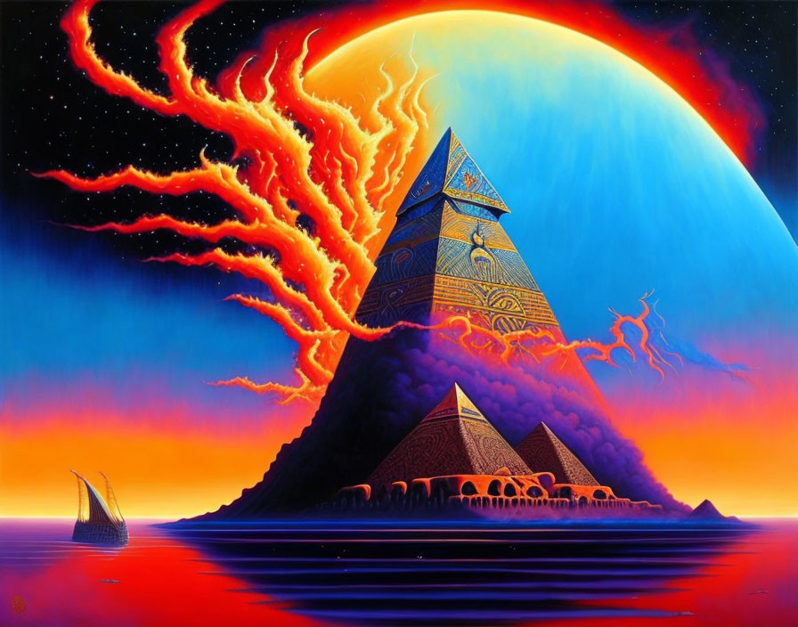 Pyramid painting with mystical symbols under fiery sky, boat on tranquil water