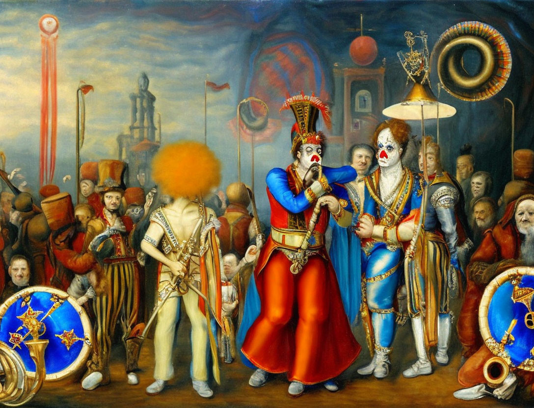 Whimsical painting of ornately dressed clown-faced characters in a fantastical scene