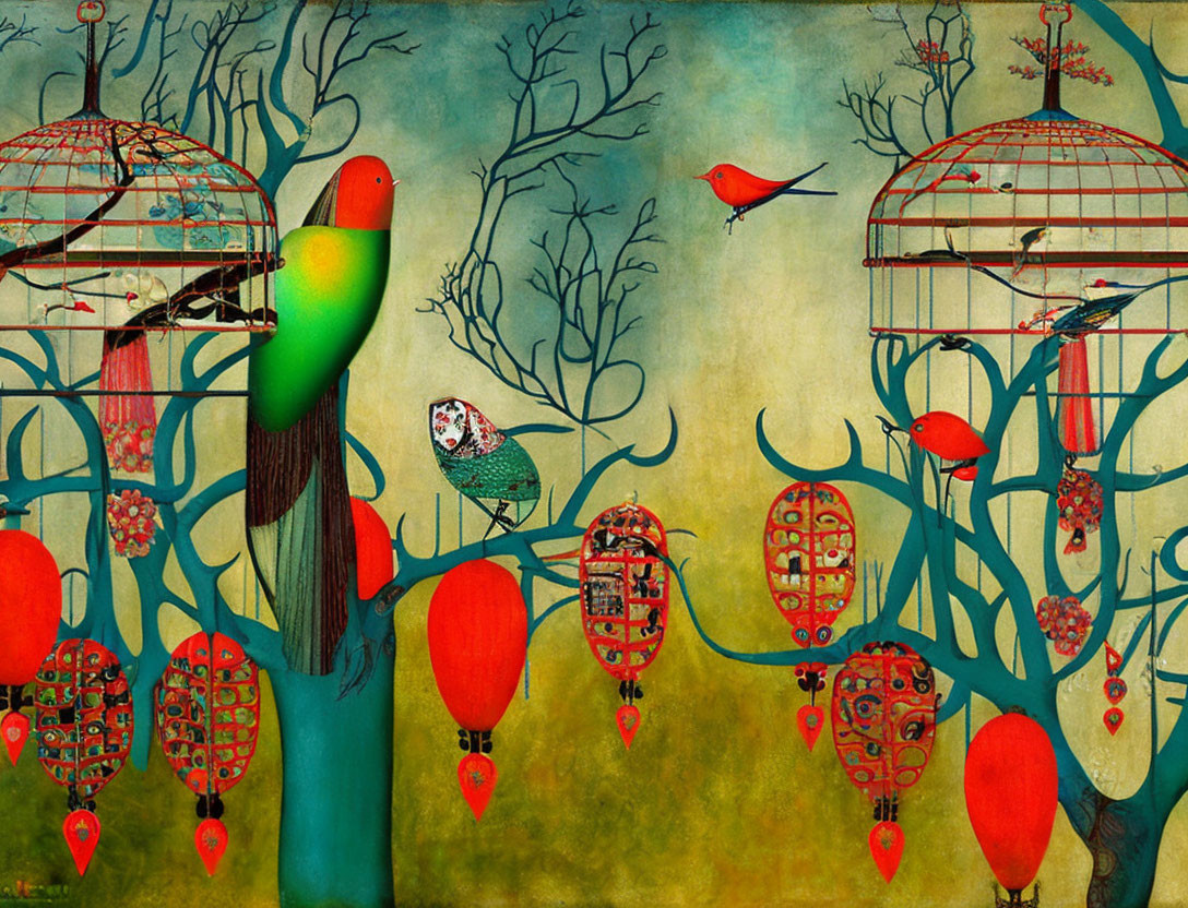 Vibrant parrot painting with birdcages and lanterns on branch