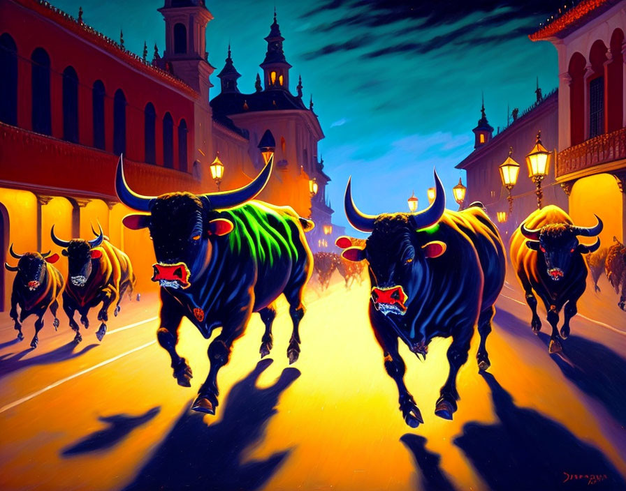 Colorful artwork of bulls charging in Spanish street at dusk