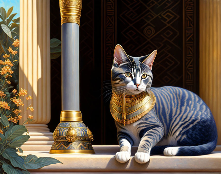 Majestic tabby cat in ancient Egyptian setting with golden collar