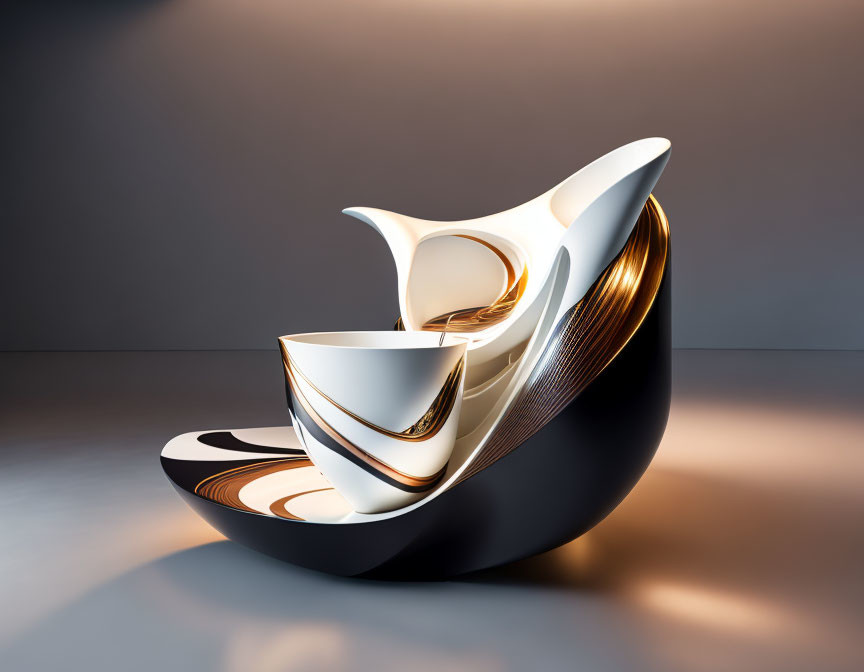 Fluid Lines Abstract Sculpture in Gold and White Reflective Surfaces