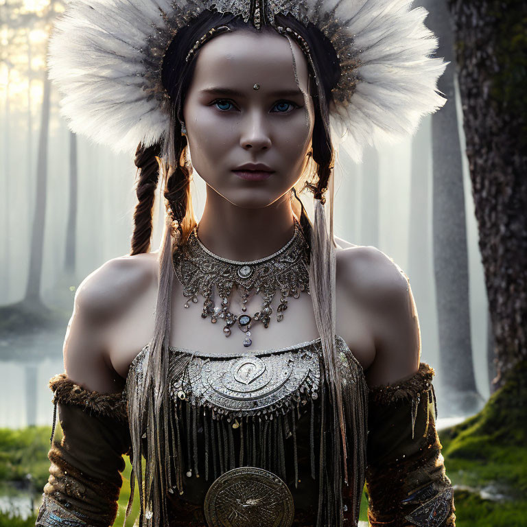 Woman in Feathered Headdress Stands in Misty Forest