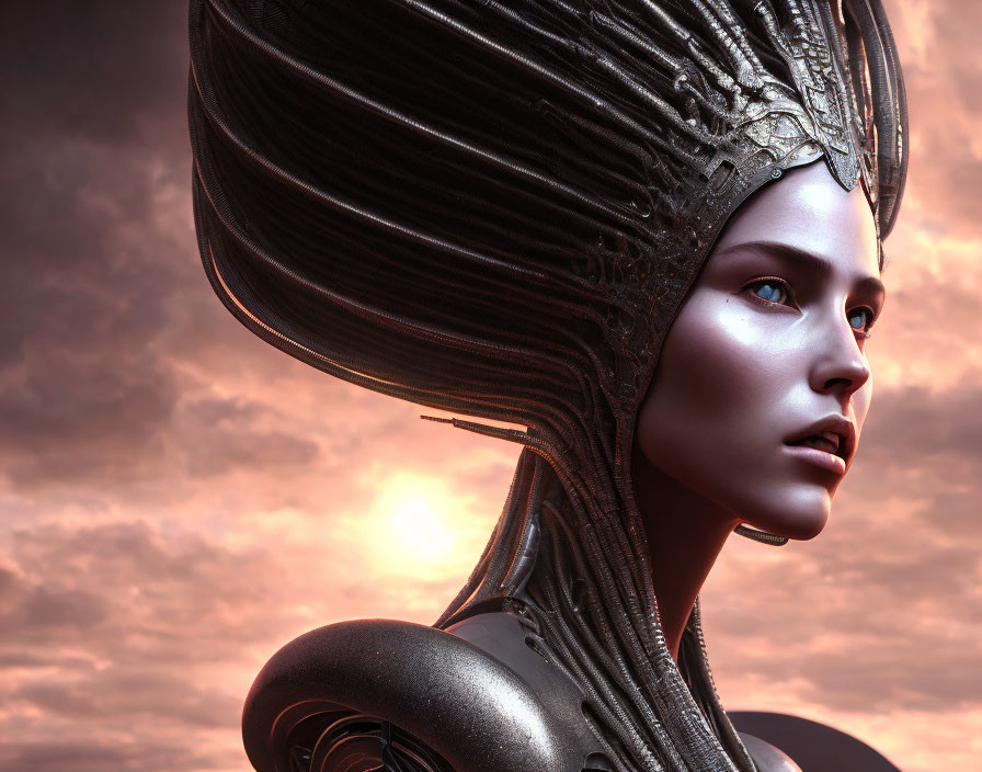 Detailed futuristic female figure with ornate helmet in dramatic sunset.