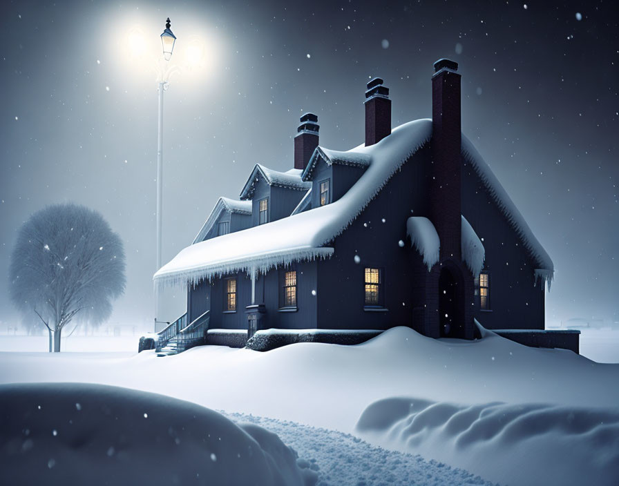 Snow-covered house at night with glowing windows and falling snowflakes under streetlamp.