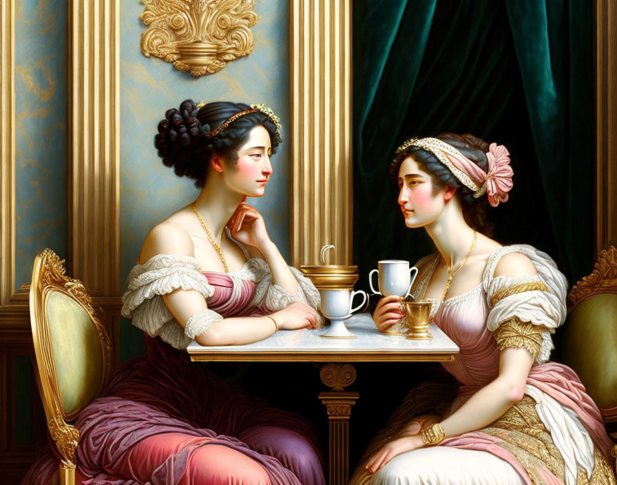 Two elegant women in classical attire with a golden cup in a richly detailed setting.