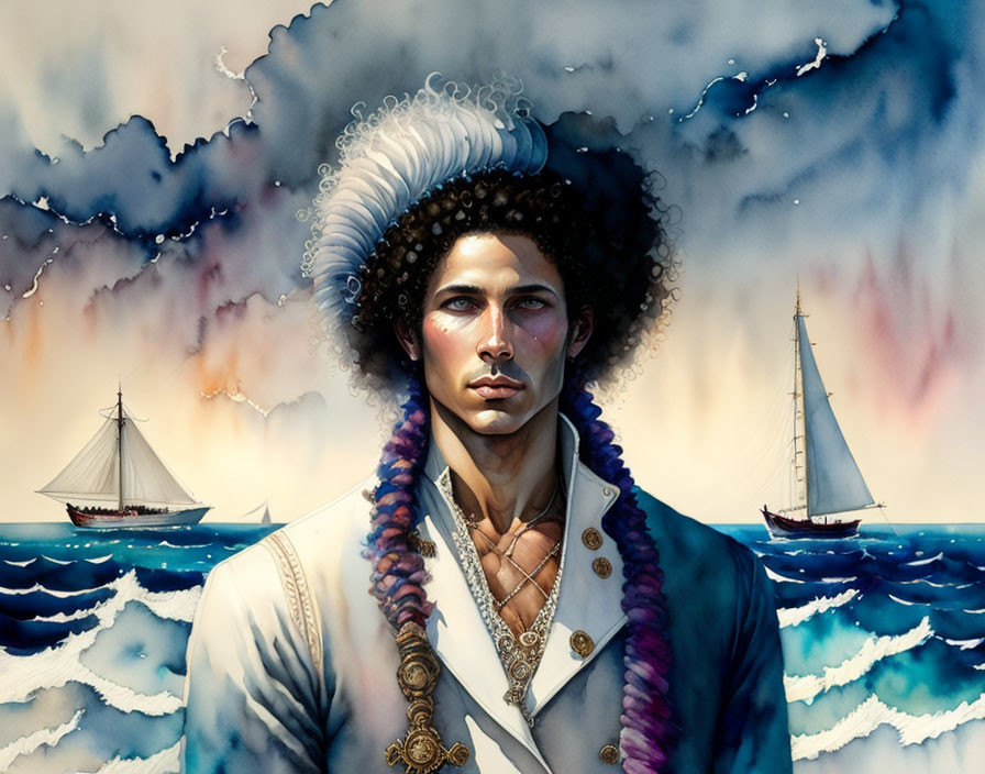 Regal man with curly hair in dramatic seascape portrait