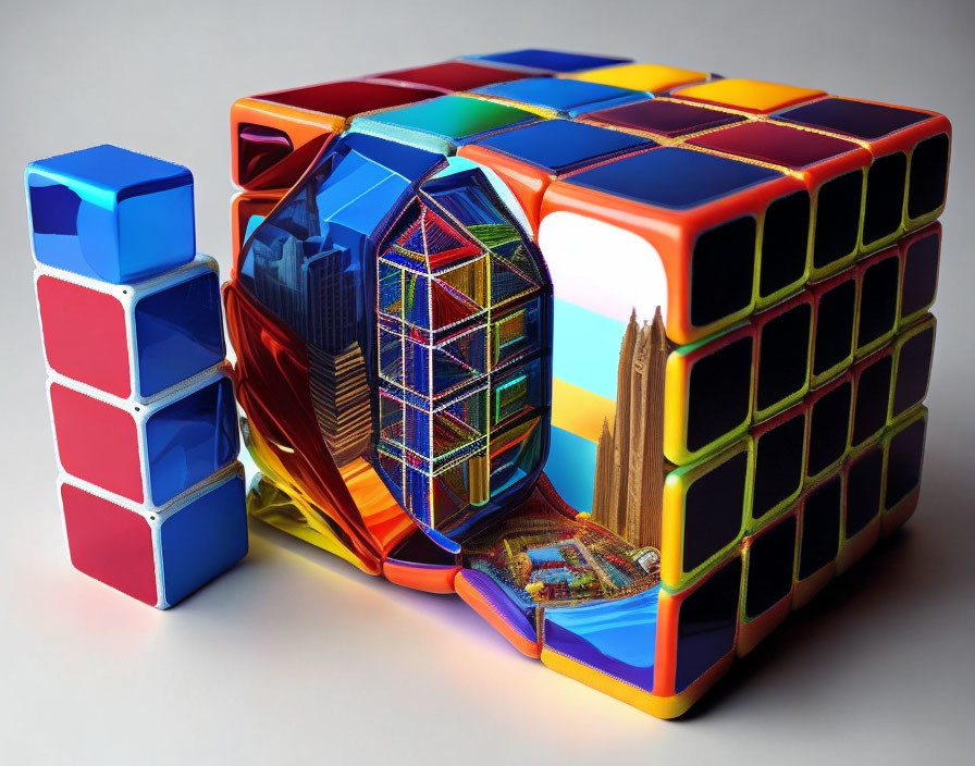 Colorful surreal Rubik's Cube with distorted cityscape within segments