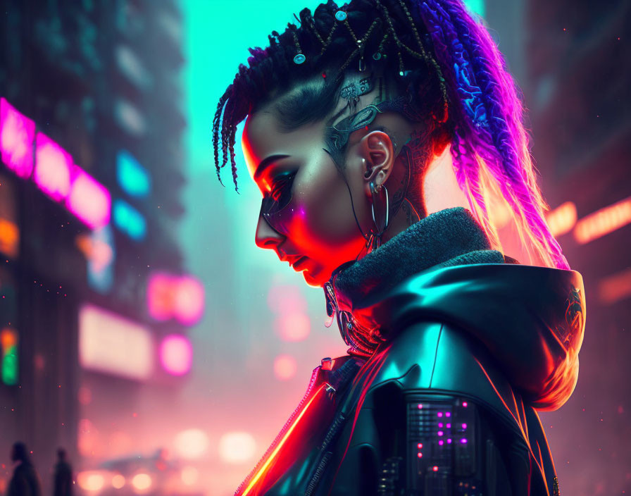 Colorful Braided Hair Woman in Cyberpunk Attire Cityscape Portrait