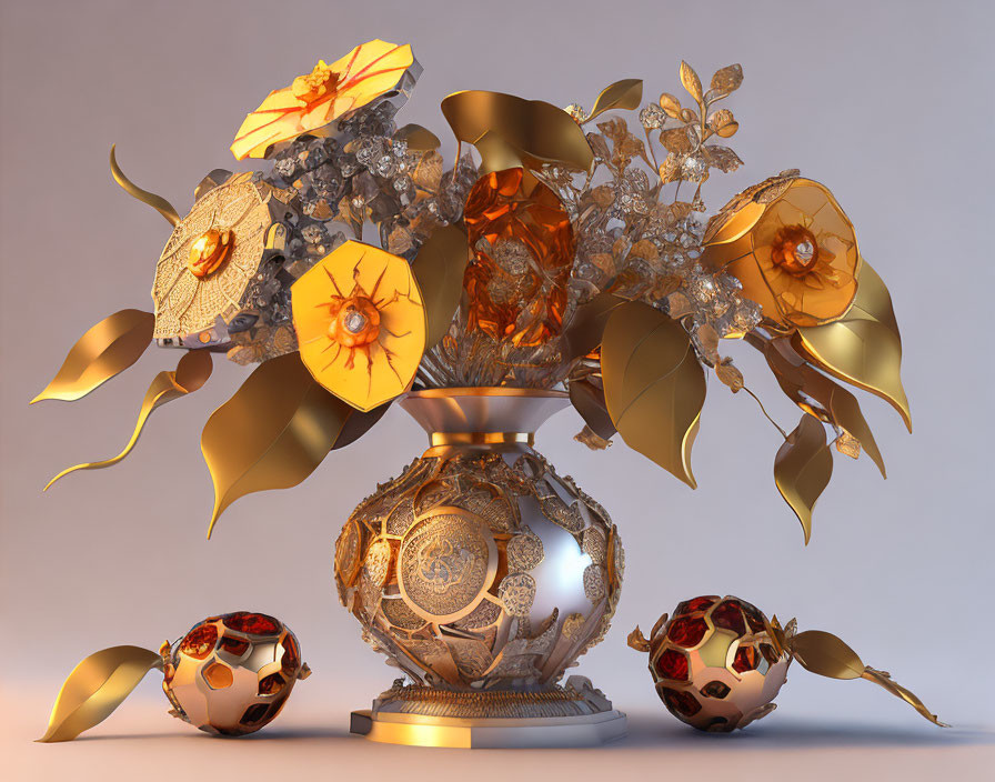 Golden vase with mechanical designs, leaves, flowers, and spheres