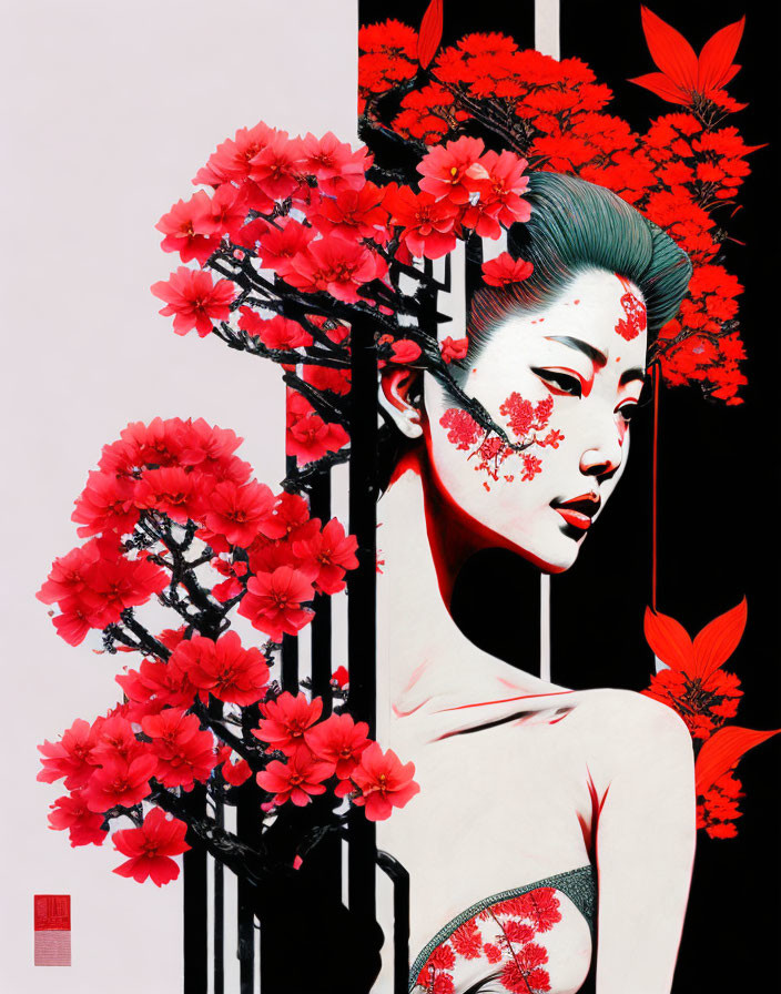 Stylized illustration of woman with red flowers and leaves on black and white backdrop