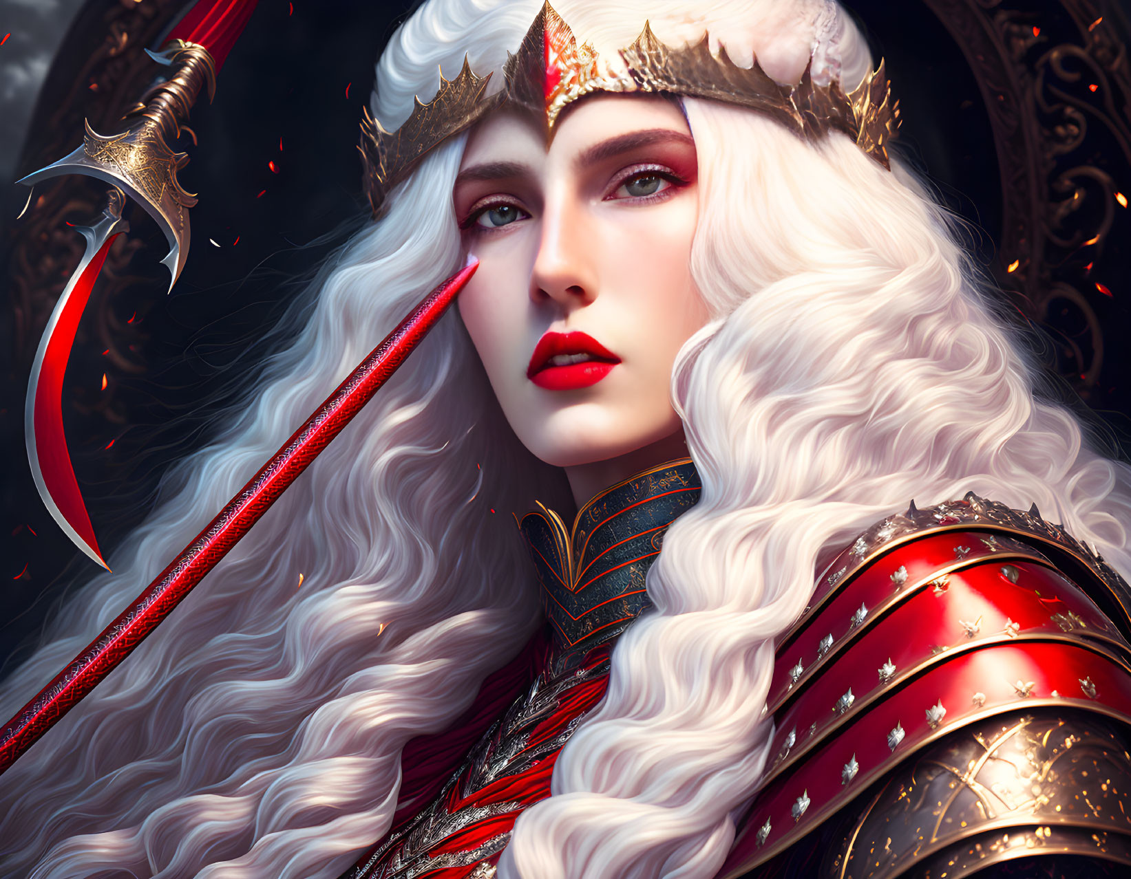 Fantasy warrior queen with white hair, golden crown, red armor, and spear