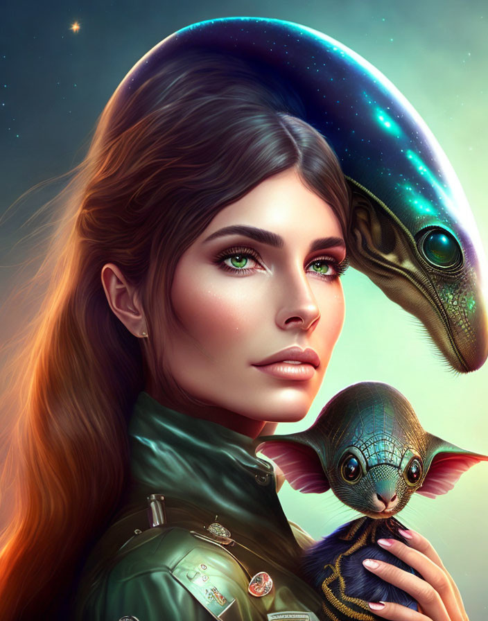 Green-eyed woman and alien creature in cosmic setting