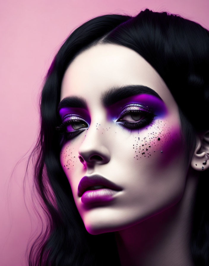 Woman portrait with purple makeup and glitter on pink background