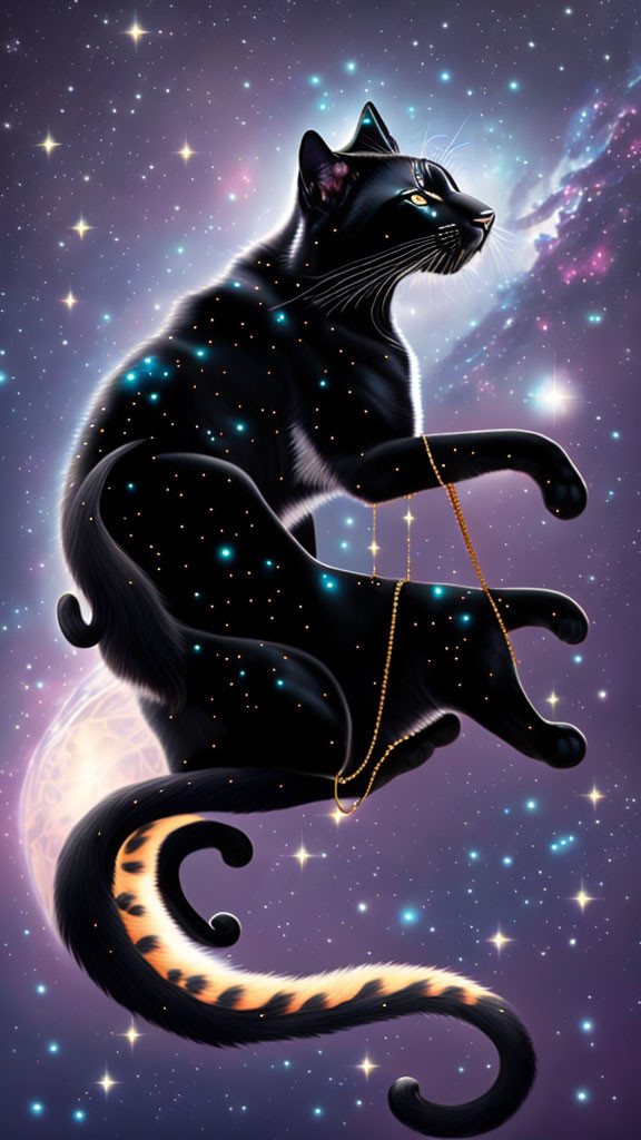 Cosmic black cat illustration with star-filled body and galaxy backdrop