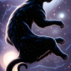 Cosmic black cat illustration with star-filled body and galaxy backdrop