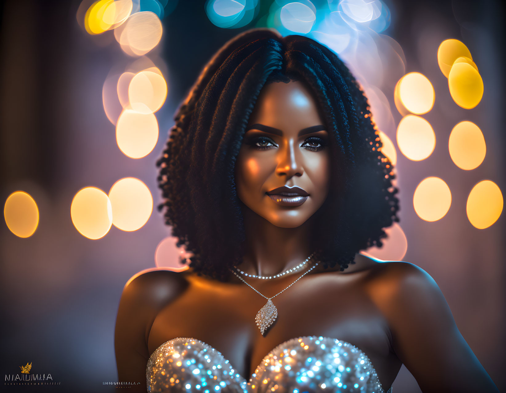 Curly-haired woman in sparkling dress and pearl necklace against blurred lights