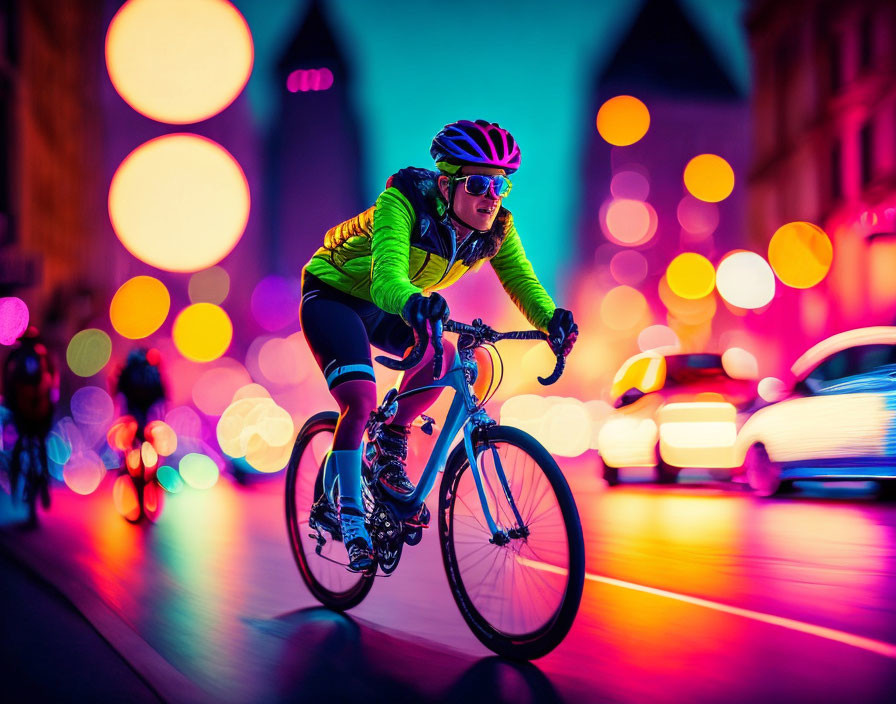 Vibrant sportswear cyclist on urban street at night