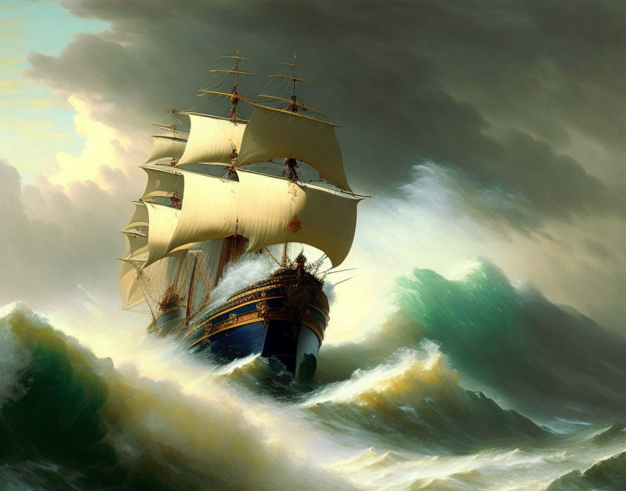 Sailing ship with full sails in stormy sea.